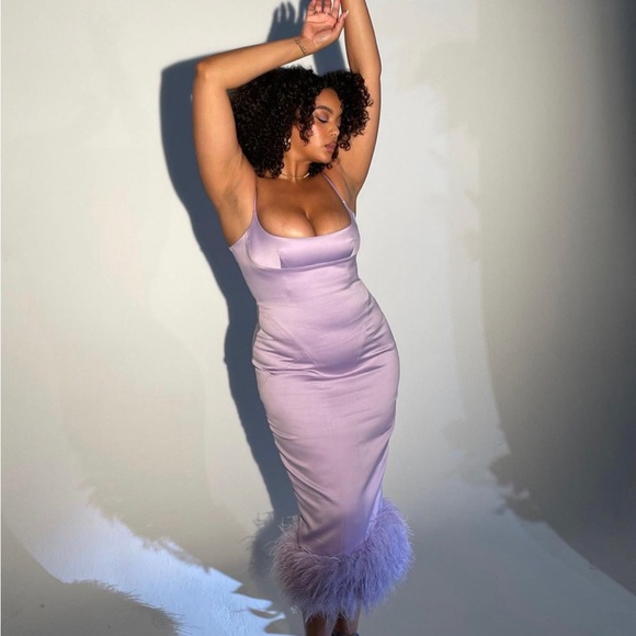 House of CB ‘Helena’ Orchid Satin Midi Dress with Feathered Trim - Picture 5 of 6